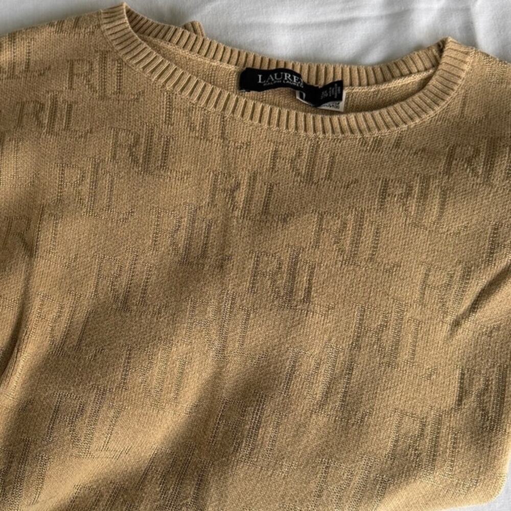 Preppy Lauren Ralph Lauren Beige Logo Jacquard Knit Top 3X Old Money Officecore